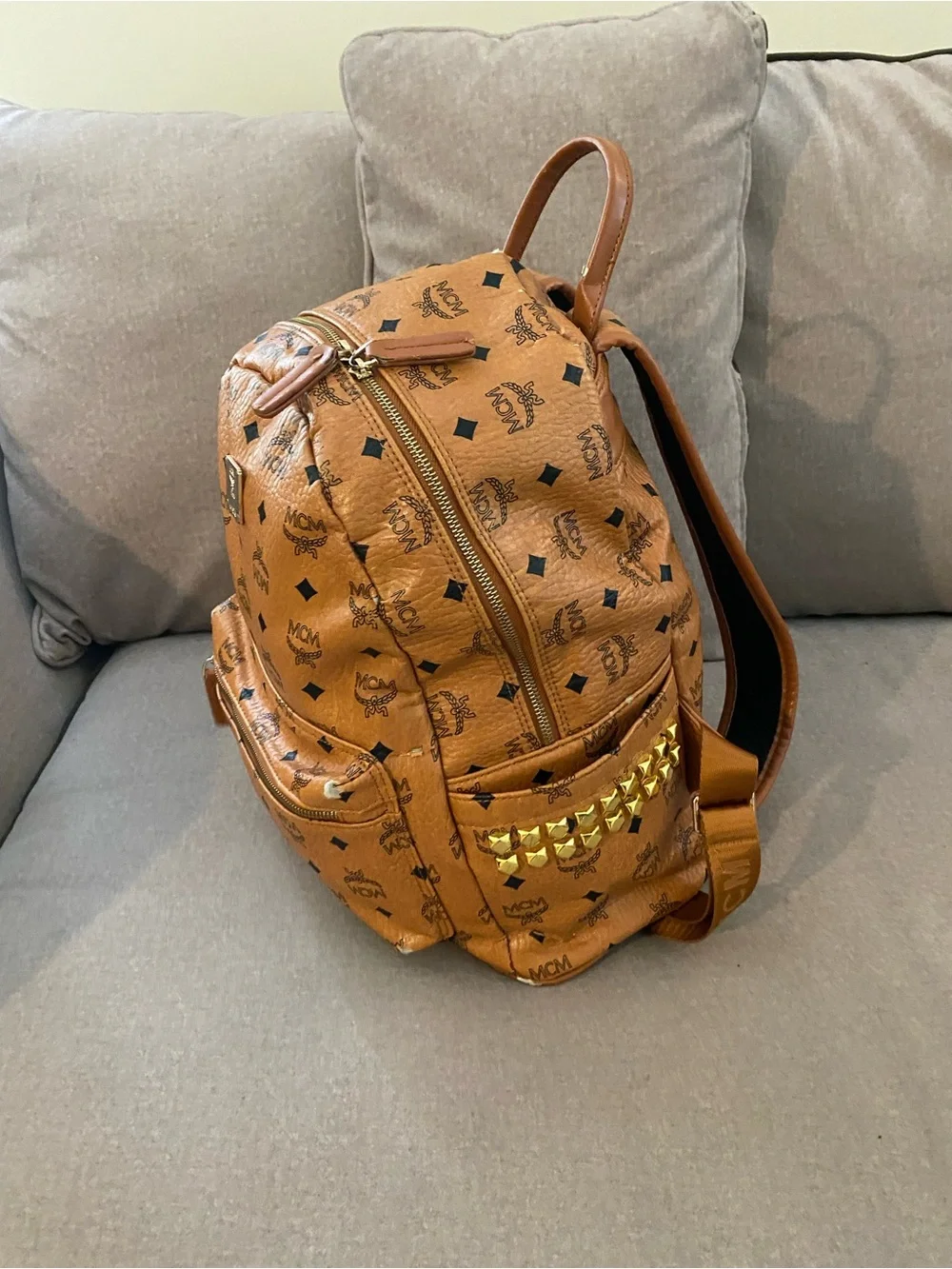 MCM Brown Visetos Logo Backpack with Gold Hardware